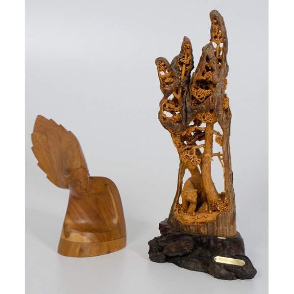 Ken Acton and Robert Shorty Wood Sculptures : Acton : Carved wooden bear beneath trees, carved from a single piece of wood. With the title Old Silver Tip inscribed on plaque. Artists name and 95 carved on base. K1043A carved on underside of base.