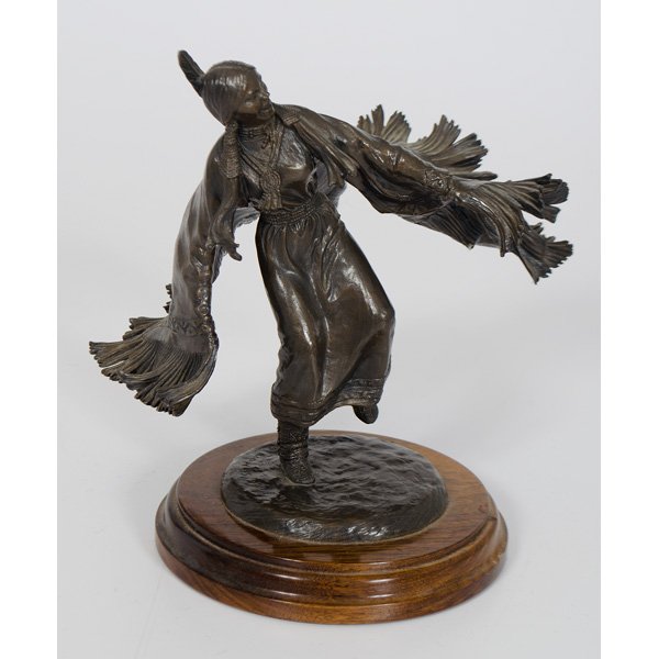 Douglas Downs Bronze Daughter of the Wind : Bronze depicting dancing Native American. With artist's name, 1986 and 9/25 inscribed on base; ht. 8.75 in., base 4 in. dia.