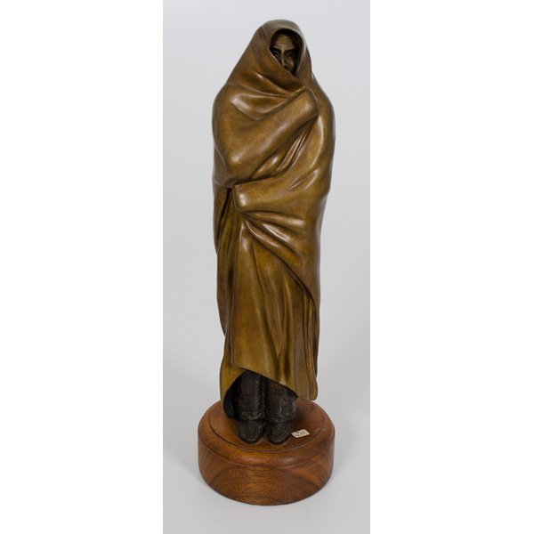 James Roybal Bronze Waiting for Woo : Bronze depicting standing Native American wrapped in a blanket, on a wood base. With artist's name, title, 1983 and 8/30 inscribed on side of bronze; ht. 13.75 in. (with base).