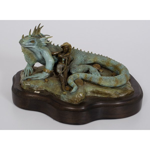 Melissa Soderberg Bronze of Woman and Iguana : Bronze sculpture of a reclining nude woman seated next to a large tethered iguana. Marked M. Soderberg 1990, 2/20 at base. Approx 13.5" w., 7.75" h.