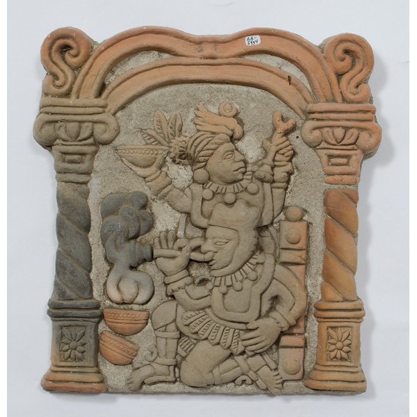 Moravian Concrete Wall Hanging, Aztec Scene : Contemporary wall hanging of an Aztec scene. Reverse stamped with maker's mark and dated 1980. 12.25 x 11 in.