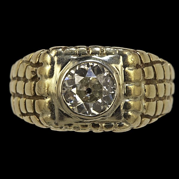 14k Gentleman's Diamond Signet Ring : 14k yellow gold gentleman's signet ring containing an old European-cut round diamond weighing approximately 1.37 ct., VS2 clarity, K color; ring size 11, wt. 9.3 dwts.
