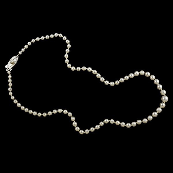 Mikimoto Pearls : Strand of 78 graduated Mikimoto pearls, measuring 3.52-7.13 mm, with a silver clasp topped by a single pearl; lg. 18.5 in., wt. 8.9 dwts.