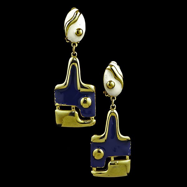 Pierre Cardin Couture Savant Ear Clips : Vintage Pierre Cardin couture "Savant" ear clips in gold tone, with segmented enameled parts, signed; lg. 2.5 in. Provenance: Property from the Collections of Carole Tanenbaum, Toronto, Canada.
