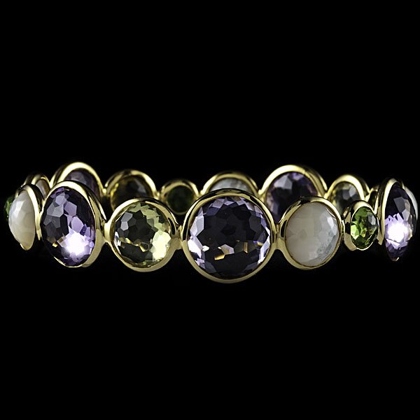 Ippolita 18k Faceted Stones Bangle : Ippolita 18k yellow gold bangle containing 17 faceted gemstones, including amethyst, mother of pearl and quartz. Stones range in diameter between 13.00 and 6.68mm; dia. 2.75 in., wt. 20.5 dwts.