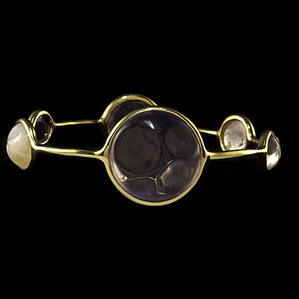 Ippolita 18k Faceted Stones Bangle : Ippolita 18k yellow gold bangle containing six loosely faceted amethyst, mother of pearl and quartz stones. Circular stones range in diameter between 21.76 and 8.95 mm; dia. 2.75 in., wt. 17 dwts.