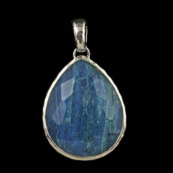 Ippolita Sterling Silver and Agate Pendant : Hand hammered sterling silver Ippolita pendant containing a faceted saturated blue agate; lg. 56.69 mm, wt. 11.3 dwts.