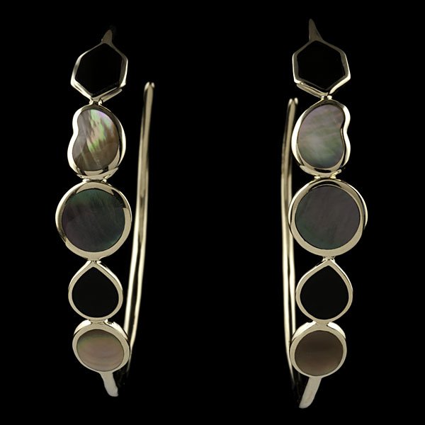 Ippolita 18k Mixed Stone Hoop Earrings : Ippolita 18k yellow gold hoops inset with polished onyx, mother of pearl and shell; dia. 48 mm, wt. .33 dwts.