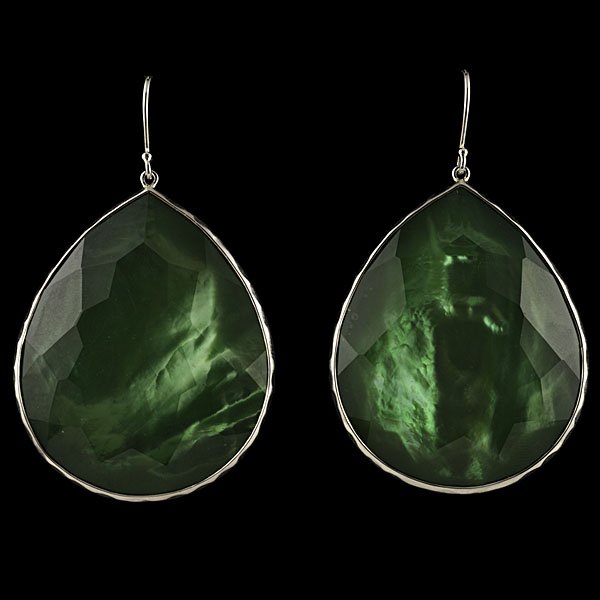 Ippolita Green Stone and Silver Earrings : Ippolita sterling silver, mother-of-pearl and faceted stone teardrop earrings from her "Rock Candy" collection; lg. 40.25 mm, wd. 33.06 mm.
