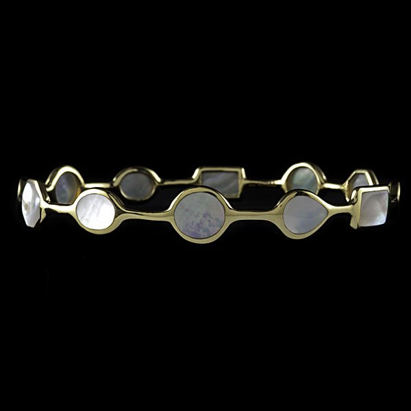 Ippolita 18k Mother-of-Pearl Bangle : Ippolita 18k yellow gold bangle containing twelve polished mother-of-pearl stations in various geometric forms ranging in size between 8.58 and 6.04 mm; dia. 2.75 in., wt. 8.9 dwts.