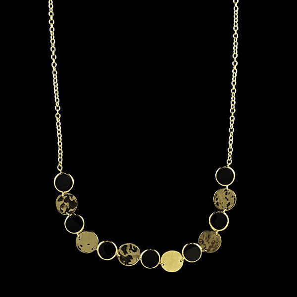 Ippolita 18k Onyx Circle Necklace : Ippolita 18k yellow gold necklace with 13 alternating circles of hammered gold and inset onyx; lg. 17 in, wt. 6.5 dwts.