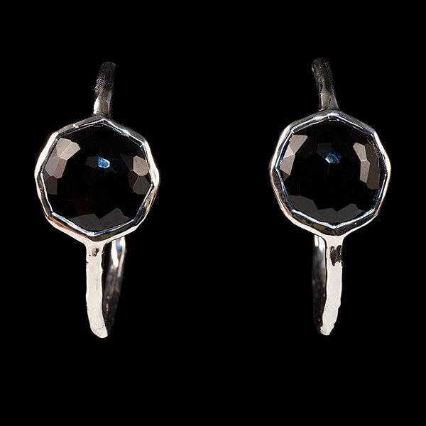 Ippolita Onyx Earrings : Ippolita hammered sterling silver and faceted black onyx hoop earrings; dia. 29.17 mm, wt. .19 ozt.