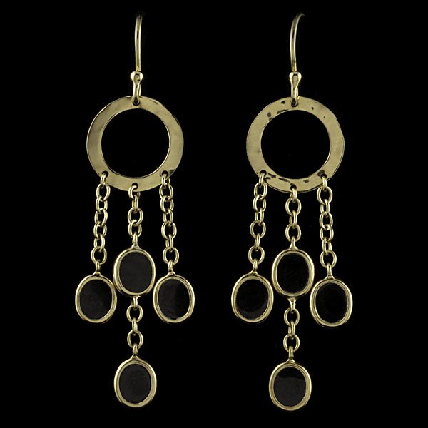 Ippolita 18k Onyx Earrings : Ippolita 18k yellow gold chandelier earrings with inset onyx pendants; lg. 40.80 mm, wt. 3.2 dwts.