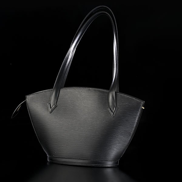 Louis Vuitton Black Epi Leather Shoulder Bag : French, a Louis Vuitton black Epi shoulder bag with rib-embossed leather, gold-tone hardware stamped LV, the interior in a sueded cotton; ht. 10 in., wd. 15 in.