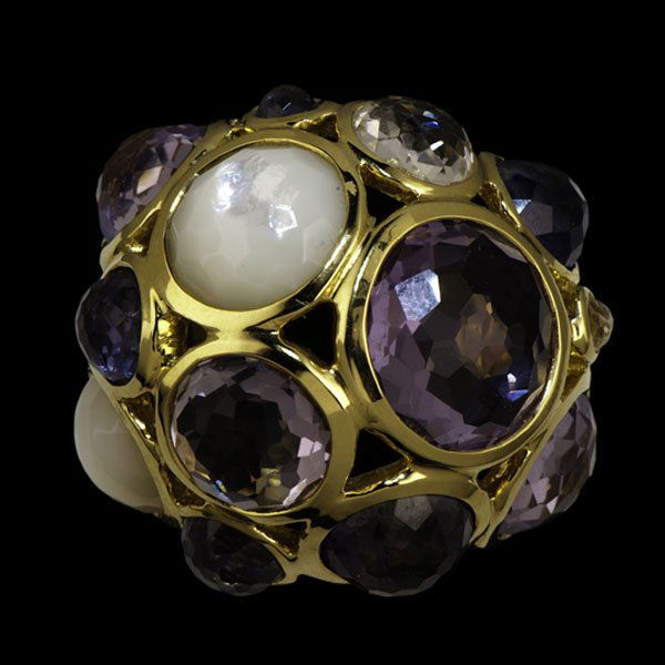 Ippolita18k Amethyst and Quartz Cluster Ring : Ippolita 18k yellow gold bombé cluster ring from the "Hard Candy" collection, containing faceted amethyst and quartz. Stones range in diameter between 12.33 mm and 3.53 mm; ring size 7, wt. 3.2 dwt