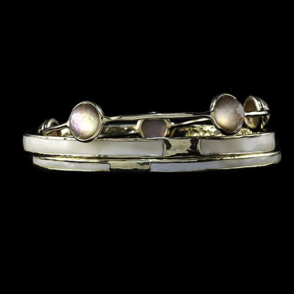 Ippolita 18k Enamel and Rose Quartz Bangles : Set of three Ippolita hand-hammered 18k yellow gold bangles, two with ivory enameling, one with five faceted rose quartz stations, each stone dia. 9.60 mm; bangle dia. 3 in., wt.18.9 dwts.