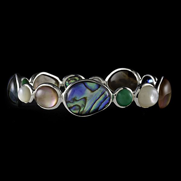 Ippolita Multi-Stone Bangle : Ippolita hand-hammered sterling silver bangle containing a total of 13 quartz, shell, chyroprase and mother of pearl stones. Stones vary in shape and size between 17.20 and 6.60 mm; dia. 3 in., wt. 