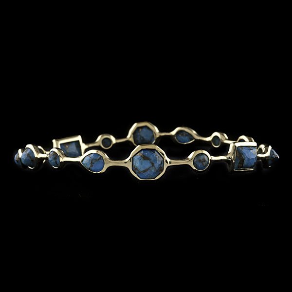 Ippolita 18k Faceted Turquoise Bangle : Ippolita 18k yellow gold bangle set with 15 alternating round, pear-shaped and square faceted turquoise stones; dia. 3 in.