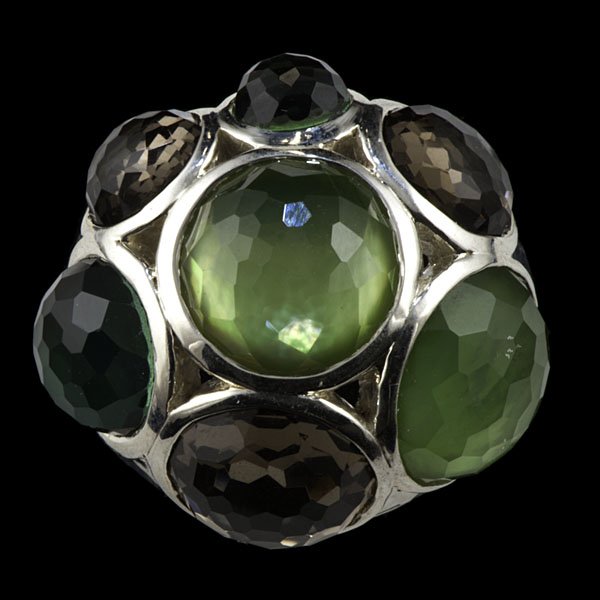 Ippolita Faceted Gemstone Dome Ring : Hammered sterling silver and faceted quartz bombé cluster ring. Stones vary in diameter between 10.90 and 5.46 mm; ring size 7, wt. 0.49 ozt.