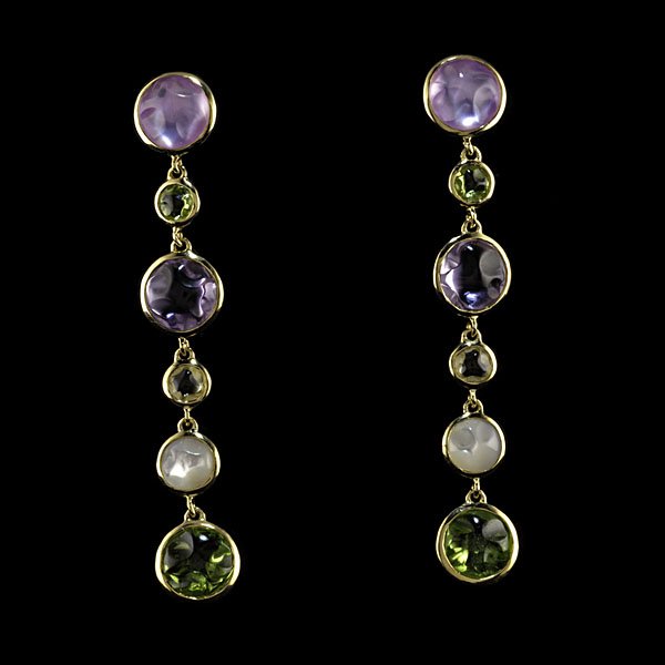 Ippolita 18k Gemstone Drop Earrings : Ippolita 18k yellow gold six-tier drop pendant earrings, containing amethyst, mother of pearl and green quartz; lg 5.68 mm, wt. 4.7 dwts.