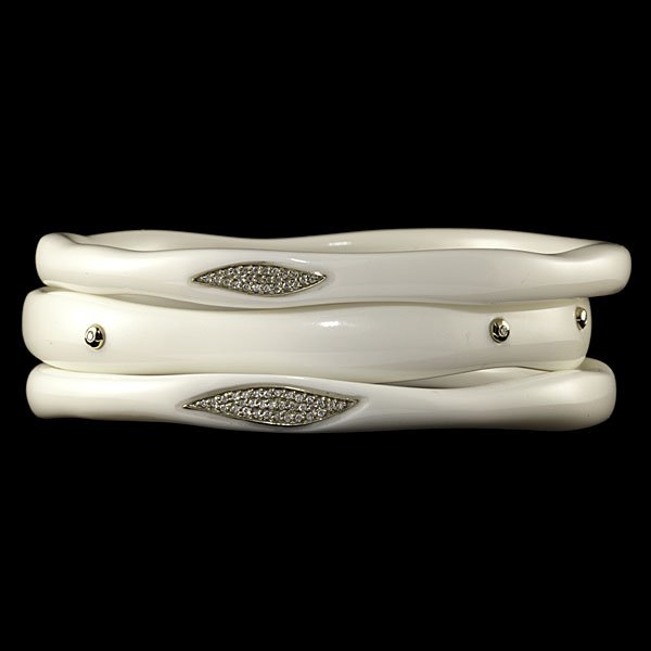 Ippolita 18k Ivory Resin and Diamond Bangles : Three Ippolita ivory tone resin bangles inset with 18k yellow gold and pavé-set diamonds; dia. 2.75 in.