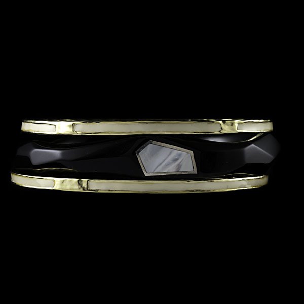 Ippolita 18k Resin and Mother of Pearl Bangles : Set of three Ippolita bangles, two pieces in hand-hammered 18k yellow gold with ivory enameling, one in black resin set with sterling silver-edged mother-of-pearl; dia. 3 in., wt. for gold bracelets