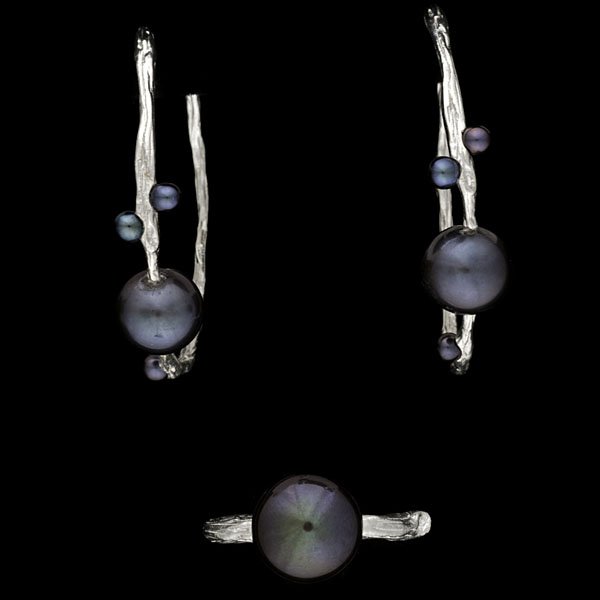 Ippolita Silver and Cultured Pearl Earrings and Ri: Ippolita sterling silver and cultured pearl set, including a pair of hoop earrings with offset pearls and a solitary pearl ring, both with a natural branch finish; ring size 6, hoop dia. 11.56 mm, wt