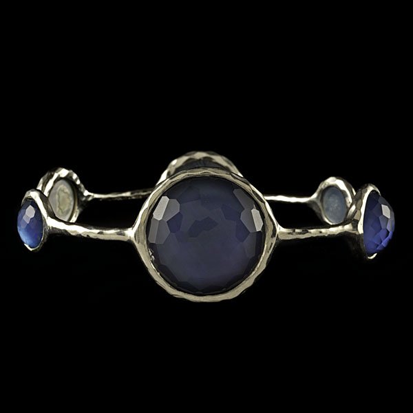 Ippolita Sterling Silver Quartz Bangle : Ippolita hand-hammered sterling bangle containing mother of pearl backed faceted quartz; dia. 3 in., wt .95 ozt.