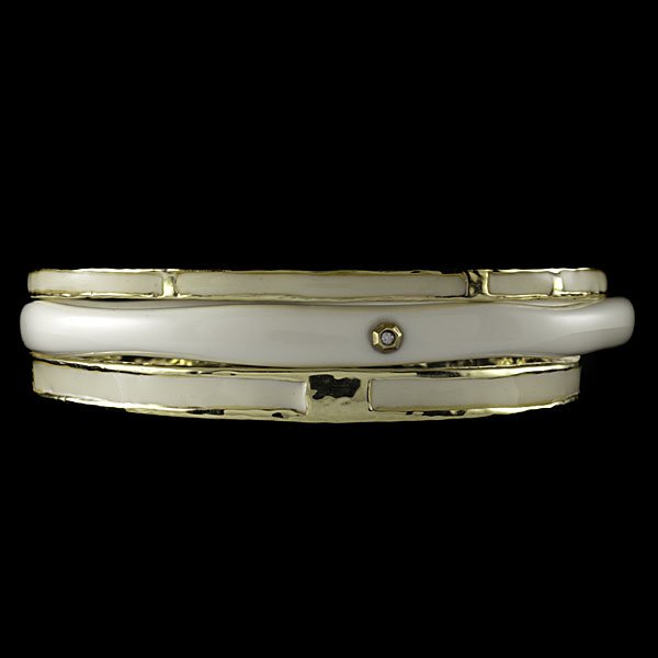 Ippolita 18k Resin and Diamond Bangles : Two Ippolita hand-hammered 18k yellow gold and ivory enamel bangles, together with an Ippolita ivory-tone resin bangle set with 18k yellow gold and two round brilliant-cut diamonds; dia. 3 in., gold 