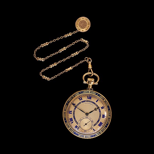 Rattermann 14k Cobalt Enamel Pocket Watch : Swiss, Longines 14k yellow gold and blue enamel pocket watch, 3 adj, 17 jewels, with 14k gold chain and 14k owner's button as fob; case dia. 1.88 in., wt. with movement 39.6 dwts.