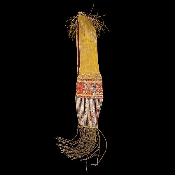 Central Plains Beaded and Quilled Hide Tobacco Bag: thread and sinew-sewn with rose beadwork framing elongated throat; thin fringe decorates opening; hide coated with yellow pigment; lower panel of bag quilled in red, yellow, and blue and finished with