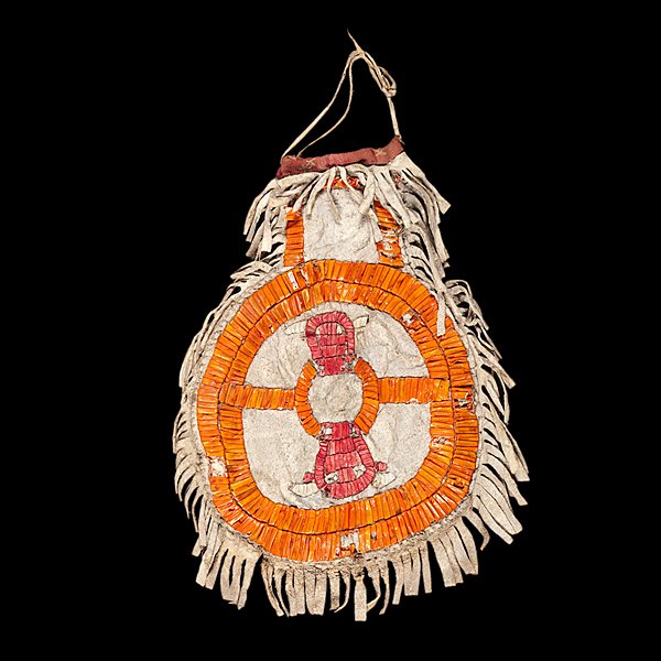 Sioux Quilled Hide Bag : thread-sewn hide decorated on both sides with red, orange, and white quillwork; front of bag with two buffalo integrated into design; fringe frames outer edges of bag; opening with red cotton, total l