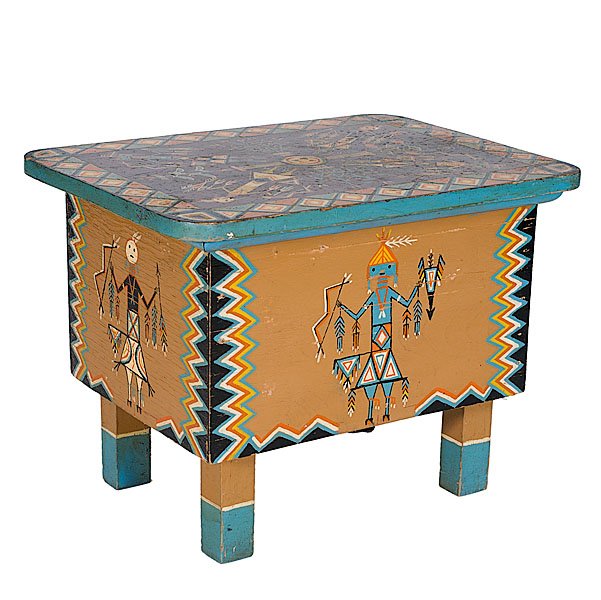 Painted Footstool from the Shiprock Trading Post : painted in orange, yellow, blue, and black; with sandpainting motif on top and Yei figures along sides, height 15.75 in. x width 15.5 in. x depth 20.75 in. ca 1930 Will Evans (1877-1954), also known a