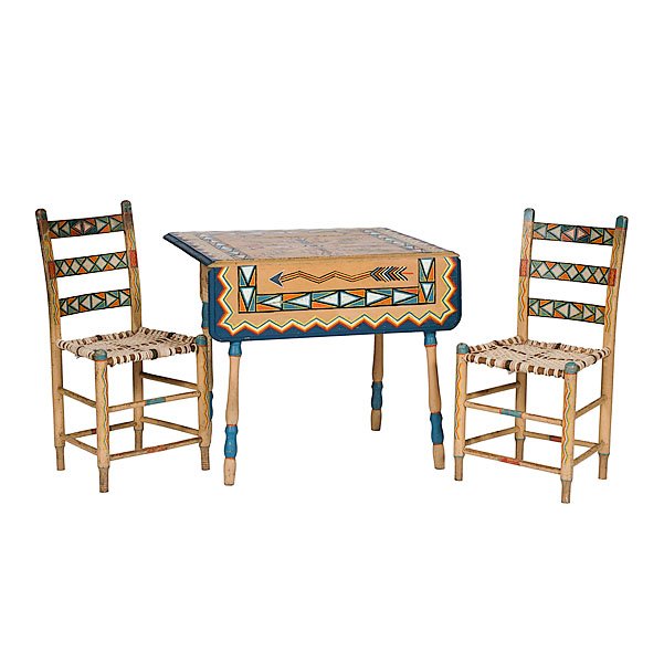 Painted Card Table and Chairs from the Shiprock Tr: drop-leaf table painted in white, blue, orange, yellow, and red with sandpainting motif of top, height 28.5 in. x width 32.5 in.; AND two ladder back chairs with woven rope seats, backs decorated with