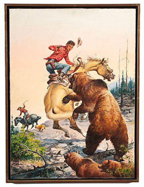 Charlie Dye (American, 1906-1972) Acrylic on Board: Cowboy on Horse Fighting Grizzly Bear signed lower left 18.75 x 24.75 in. third quarter 20th century