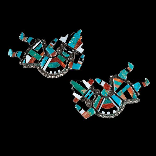 Zuni Inlay Rainbow Guardian Pins : lot of 2, inlaid with turquoise, spiny oyster, jet, and abalone; small domed silver buttons detail edging, lengths 2.75 in. and 2.5 in. ca 1940