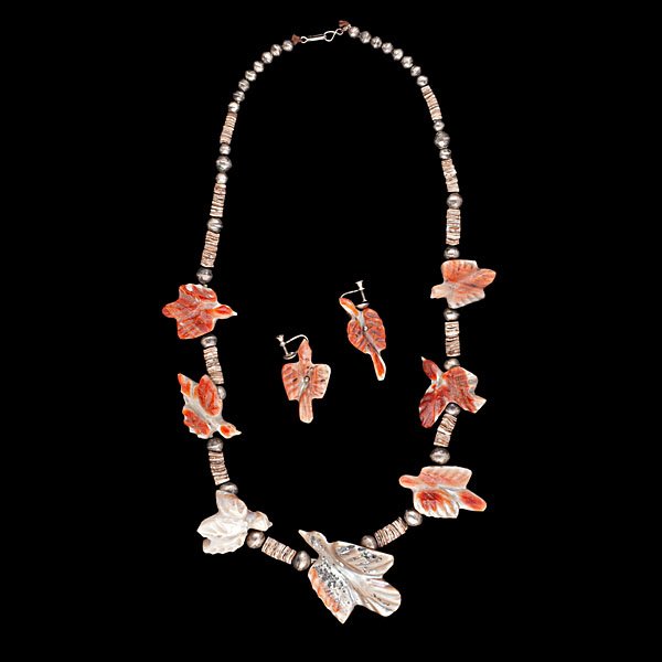 Leekya Deyuse Zuni Fetish Necklace and Earrings Co: lot of 3, birds carved from abalone shell in a variety of oranges; strung with heishi and silver beads on string with silver hook. Leekya (1889-1966) is famous for his fetish carvings; Shaff 2003, Ame