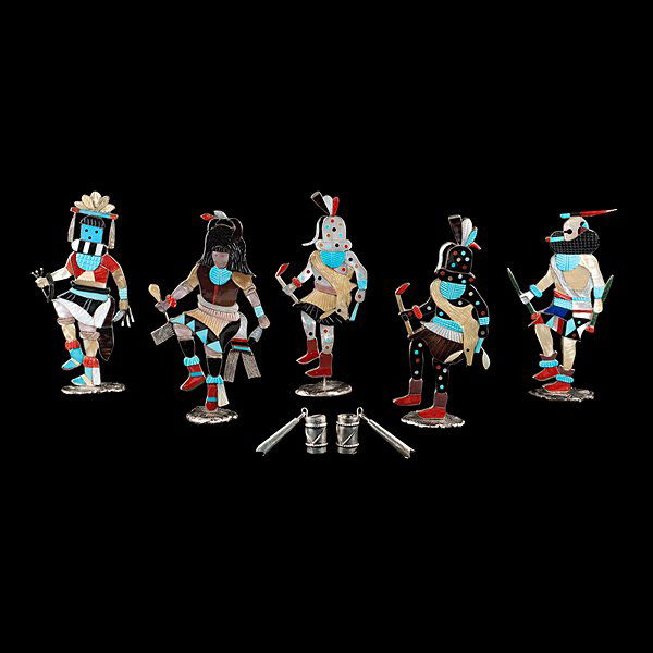 Edward Beyuka Zuni Inlay Katsina Bolos : lot of 5, including Kakto, the Wood Carrying Katsina; Sip ikne, the Zuni Warrior; black and white Kokosori Katsinas, and a Buffalo dancer; all with stands and hallmarked on reverse of bolos, length