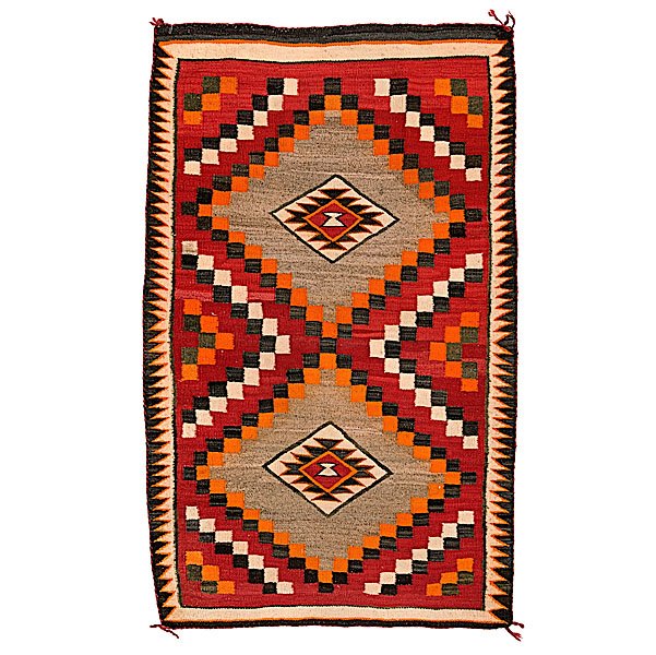 Navajo Western Reservation Weaving : hand-spun wool using deep colors of aniline red, orange, over-dyed black, cream and gray, 59.5 x 38.5 in. first quarter 20th century