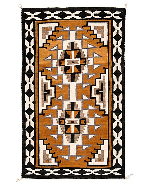 Navajo Eastern Reservation Weaving : woven in brown, cream, black, and gray; with tuning fork border and central stacked diamonds, 81.5 x 53 in. mid-20th century