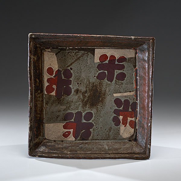 John Maltby (1936, England) : Large Square Platter 1980 Stoneware; ht. 2, wd. 13.5 in. Provenance: Daniel Jacobs and Derek Mason Collection; Acquired from John Maltby: Recent Pottery, Amalgam Gallery, UK, 1980.
