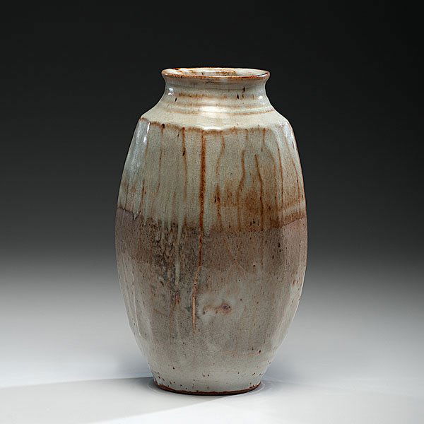 Warren MacKenzie (1924, USA) : Shino Faceted Vase 2002 Stoneware; ht. 15, dia. 8.5 in. MacKenzie is the first American apprentice of the father of studio pottery, Bernard Leach. Warren and his wife Alix worked with Leach in Engla