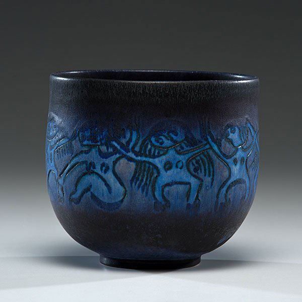 Edwin and Mary Scheier (1910-2008, USA; 1908-2007) : Blue Bowl with Figures ca 1969 Stoneware; ht. 6.75, dia. 7.25 in. The husband and wife team Edwin and Mary Scheier have produced a body of distinctive decorative ceramics with a combination of relief