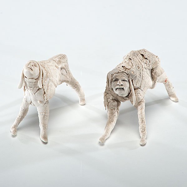 David Best (1945, USA) : Pair of Tiny Totems 1980 Porcelain, ht. 1.75, lg. 2.5 in. Provenance: Daniel Jacobs and Derek Mason Collection; Acquired from Rebecca Cooper Gallery, NY, 1980.