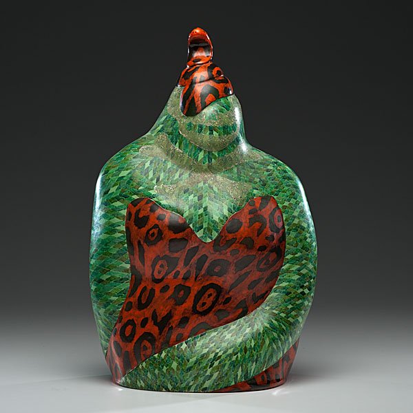 Joyce Moty : Poisonous Snake Lady 1977 Whiteware, China Paint and Glitter; ht. 23, wd. 15, dp. 9 in. Reference: Clark, Garth, Chicago, Judy and Shaw, Richard. Overglaze Imagery, Visual Arts Center, California St