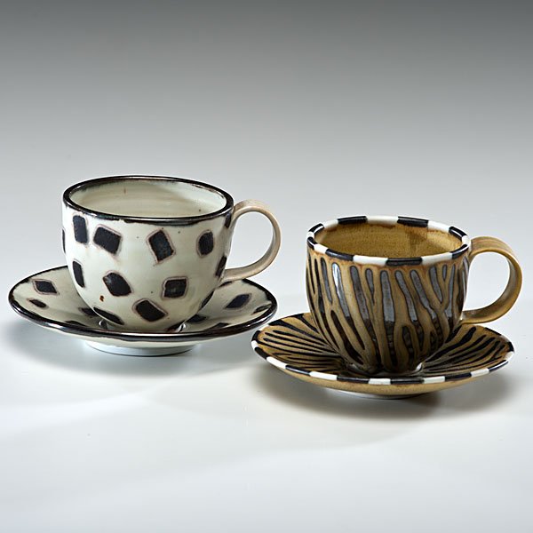 Anne Smith (1958, USA) : Pair of Cups and Saucers 1981 Porcelain; each ht. 2.75, dia. 5.25 in. Provenance: Daniel Jacobs and Derek Mason Collection; Acquired from Hadler/Rodriguez Gallery, NY, 1985.