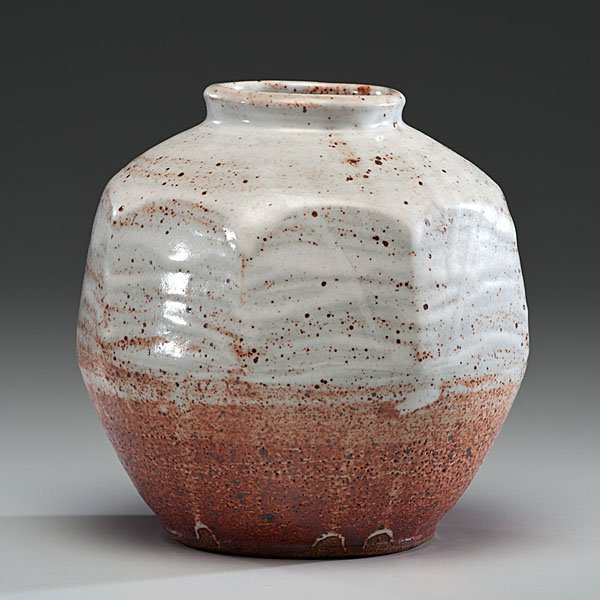 Malcolm Wright (USA) : Shinoware Vessel 1979 Stoneware, ht. 8, dia. 7.5 in. Provenance: Daniel Jacobs and Derek Mason Collection; Acquired directly from the Artist.