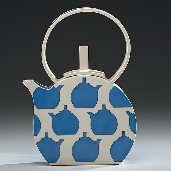 Sara Wein : Teapot 1988 Whiteware; ht. 15, wd. 11, dp. 2.75 in. Underside reads Sara Wein 1988. Provenance: Daniel Jacobs and Derek Mason Collection; Acquired directly from the Artist.