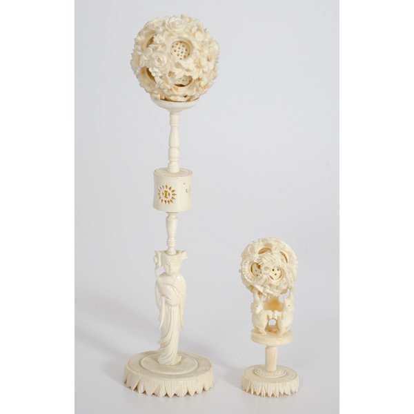 Chinese Ivory Puzzle Balls : China. A pair of puzzle ball carvings, each on graduated ivory stands; ht. of tallest 10.25 in.
