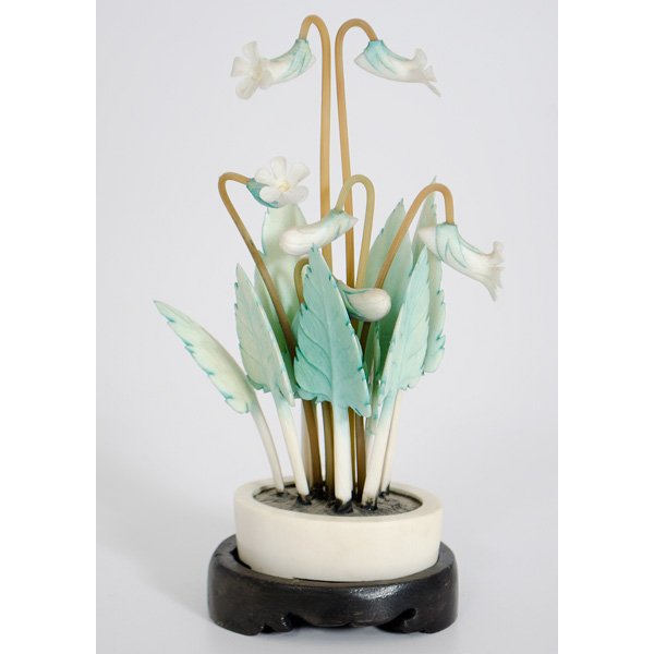 Chinese Carved Ivory Floral Arrangement : China, a carved and polychrome painted ivory pot of flowers, resin stems; ht. 6 in.